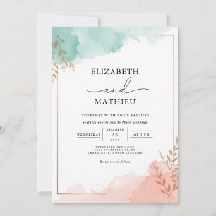 Convites Misty Teal Peach Watercolor Wedding