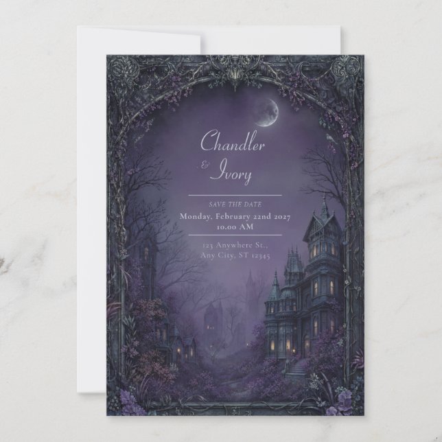 Convites Misty Violet Moonlit Gothic Manor Wedding (Frente)
