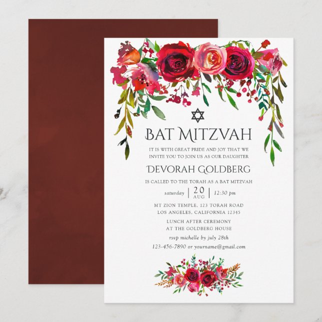 Convites Mitzvah de Batismo Floral Marsala-Borgonha (Frente/Verso)