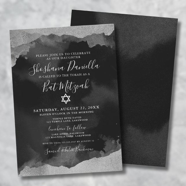 Convites Mitzvah Judaica Prata Preta Aquarela (Bat Mitzvah Girl Black Silver Watercolor Jewish Invitation)