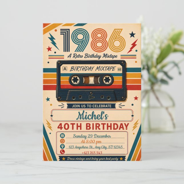 Convites Mixtape Retro 40º Aniversário (Em pé/Frente)