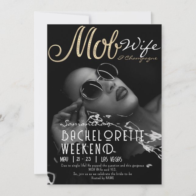 Convites Mob Wife & Champagne Festa de solteira Black Bach (Frente)