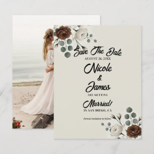 Convites Mocha Branco Creme Floral Moderno Salve a Data