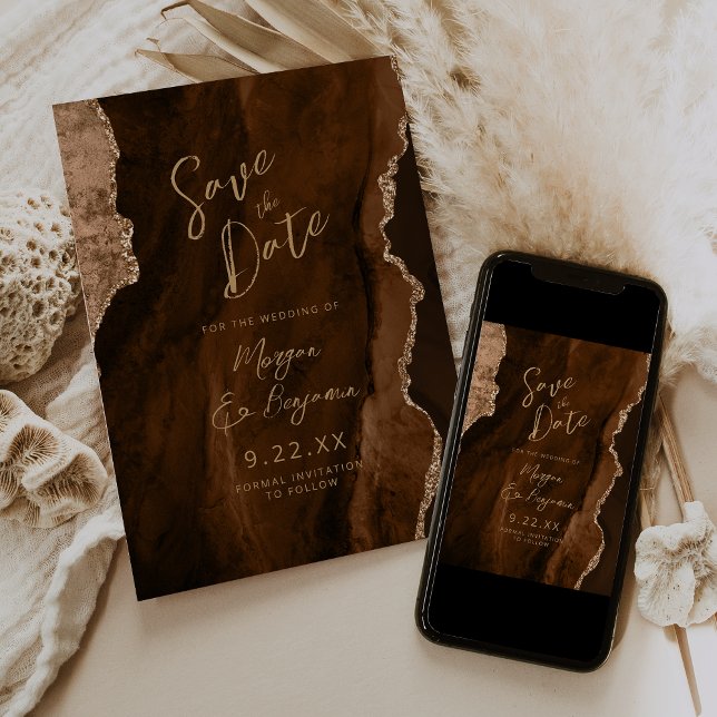 Convites Mocha Brown Agate Script Wedding Save the Date (Criador carregado)