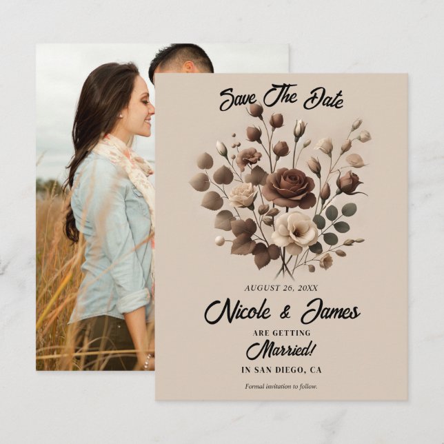 Convites Mocha Mousse Bege Marrom Floral Save The Date  (Frente/Verso)