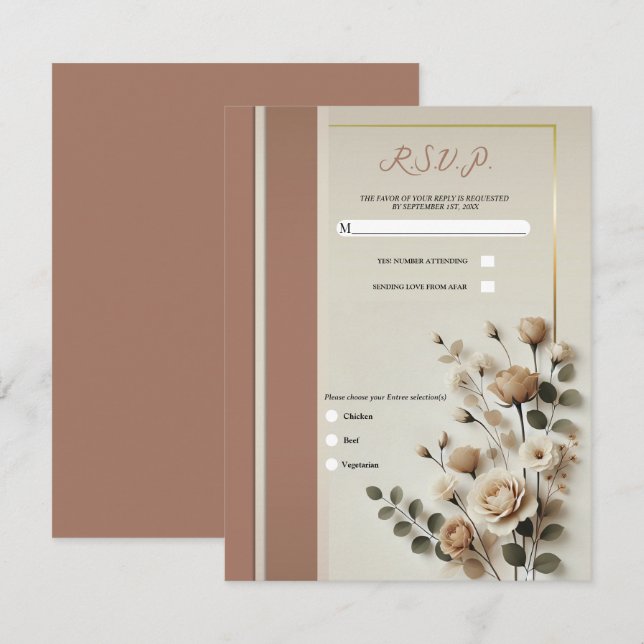 Convites Mocha Mousse e Osso Branco Neutro Floral RSVP (Frente/Verso)