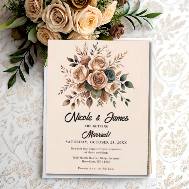 Convites Mocha Mousse Floral Design Beige Wedding (Criador carregado)