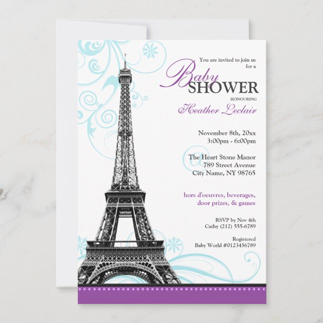 Convites Mod Flourish Eiffel Tower Chá de fraldas parisiens (Frente)