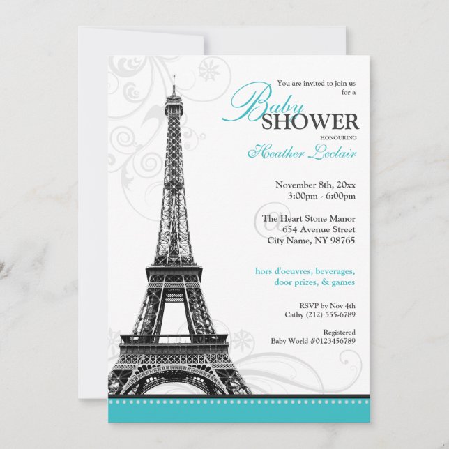 Convites Mod Flourish Eiffel Tower Chá de fraldas parisiens (Frente)