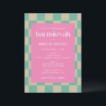 Convites Mod Pink Mint Green Checkerboard Bat Mitzvah RSVP<br><div class="desc">Mod Pink Mint Green Checkerboard Bat Mitzvah Convite com detalhes de RSVP</div>