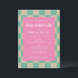 Convites Mod Pink Mint Green Checkerboard Bat Mitzvah RSVP<br><div class="desc">Mod Pink Mint Green Checkerboard Bat Mitzvah Convite com detalhes de RSVP</div>