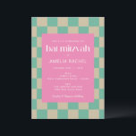 Convites Mod Rosa Mint Verde Checkerboard Bat Mitzvah<br><div class="desc">Mod Pink Mint Green Checkerboard Bat Mitzvah Convite</div>
