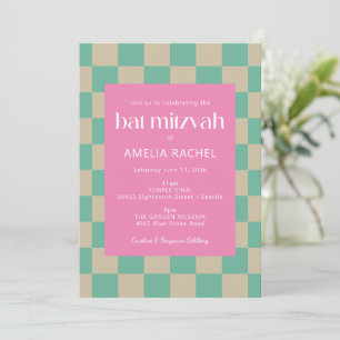 Convites Mod Rosa Mint Verde Checkerboard Bat Mitzvah