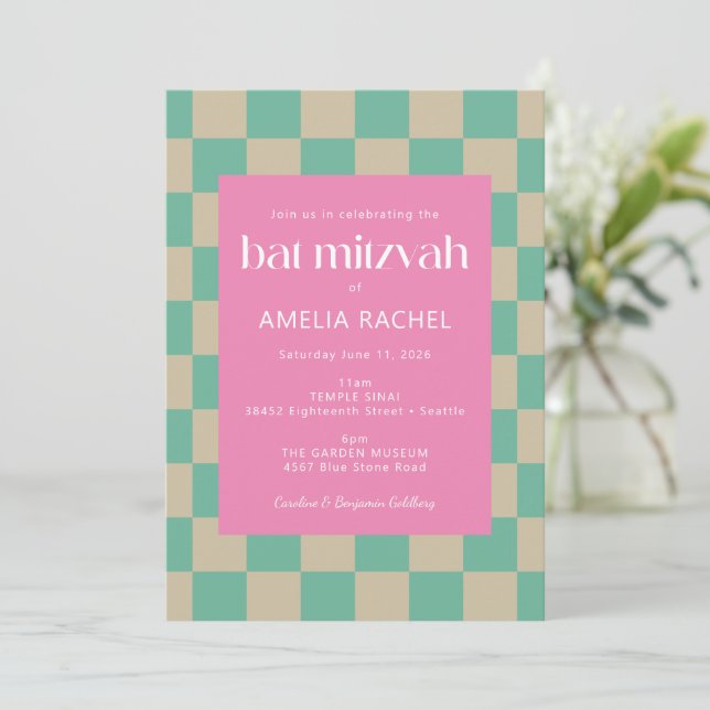 Convites Mod Rosa Verde Menta Xadrez Bat Mitzvah  (Em pé/Frente)