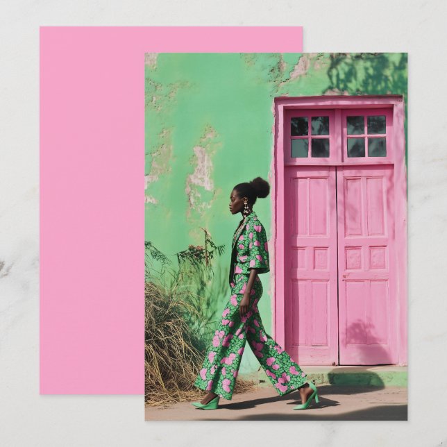 Convites Moda a negrito numa paisagem urbana vibrante (Frente/Verso)