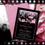 Convites Moda preta, cor-de-rosa, 50ª Festa de aniversário<br><div class="desc">Design de 50 anos, cor-de-rosa e preto, inspirado em couture francesa, apresentando um bolo de chapéu, estilettos cor-de-rosa e um saco de maquiagem entre vários presentes de aniversário e cupcakes lúcidos. Perfeito para comemorar ocasiões de aniversário. A idade é criada em uma fonte ineditável cor-de-rosa-claro. Por favor, designer de mensagens...</div>