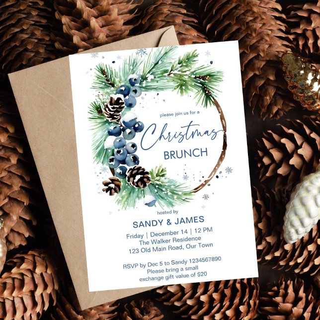 Convites Modelo (Christmas brunch editable  template invitation digital download watercolor pine wreath pine cones )
