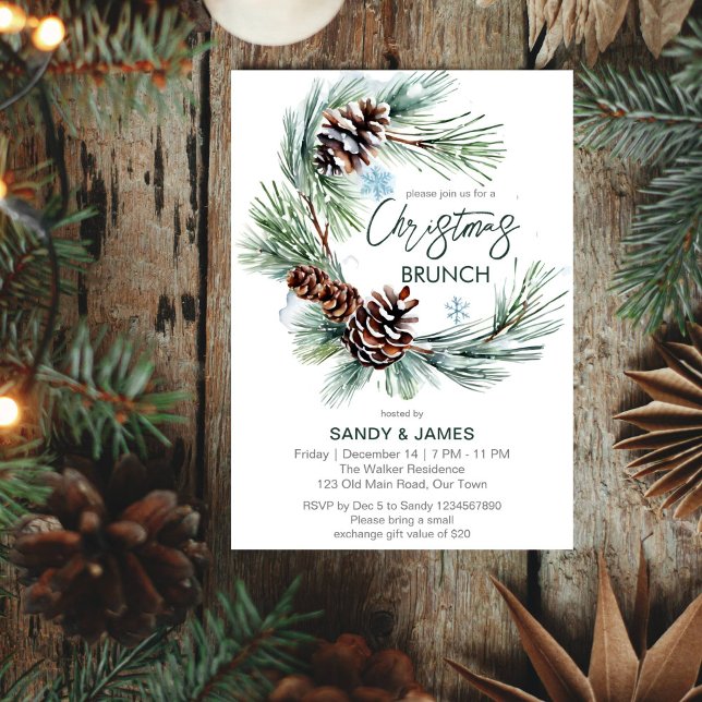 Convites Modelo (Christmas brunch party editable template invitation digital download watercolor pine wreath template)