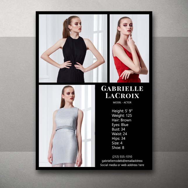 Convites Modelo Ator 3 Photo Pro Comp Card Modelo Black (Available in print or instant digital download for quick messaging, email or self printing.)