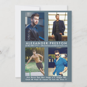 Convites Modelo Ator 4 Photo Comp Card 5x7 Cinza Azul