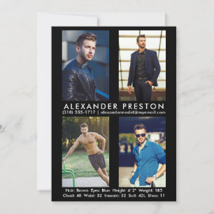 Convites Modelo Ator 4 Photo Comp Card 5x7 Preto