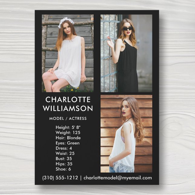 Convites Modelo Ator 5x7 Comp Card 3 Photo Black (Available in high quality print or digital download for quick messaging, email or self printing.)