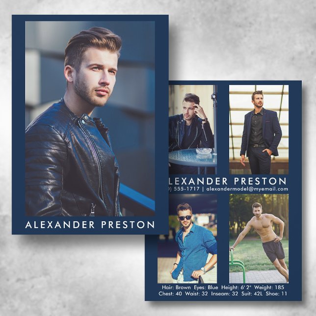 Convites Modelo Ator 5x7 Comp Card 4 Photo Back Blue (Available in high quality print or digital download for quick messaging, email or self printing.)