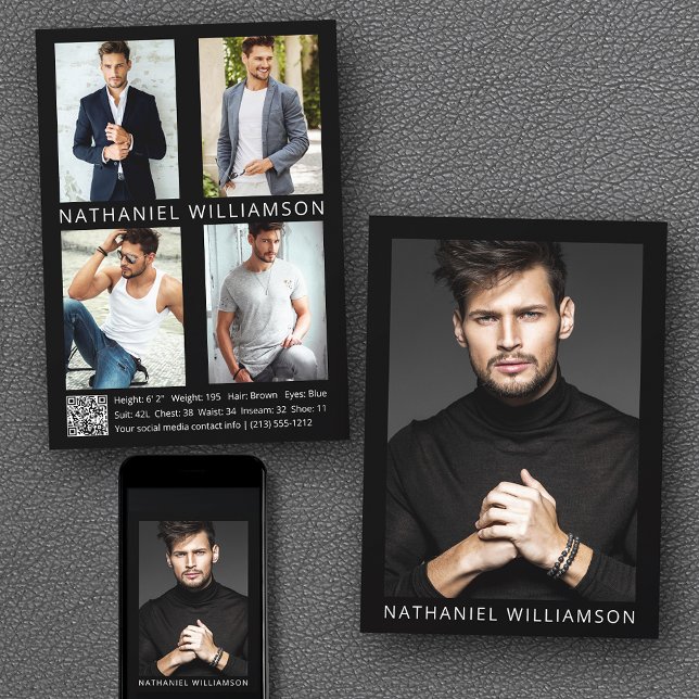 Convites Modelo Ator Código QR 5 Fotografias Pro Comp Card (Customize to change background color, text size or text style. Available for prints and download.)