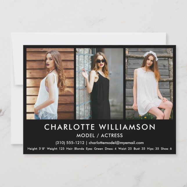 Convites Modelo Ator Comp Card 3 Foto 5 x 7 Preto (Frente)