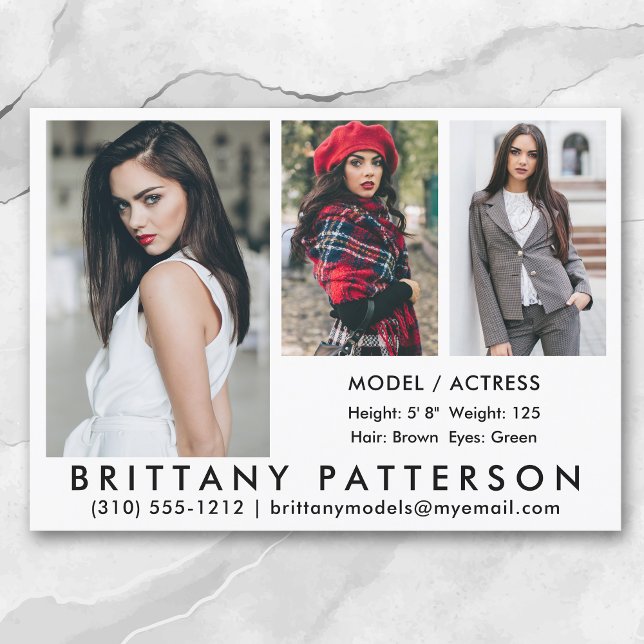 Convites Modelo Ator Comp Card 3 Foto 5x7 Wht (Available in high quality print or digital download for quick messaging, email or self printing.)