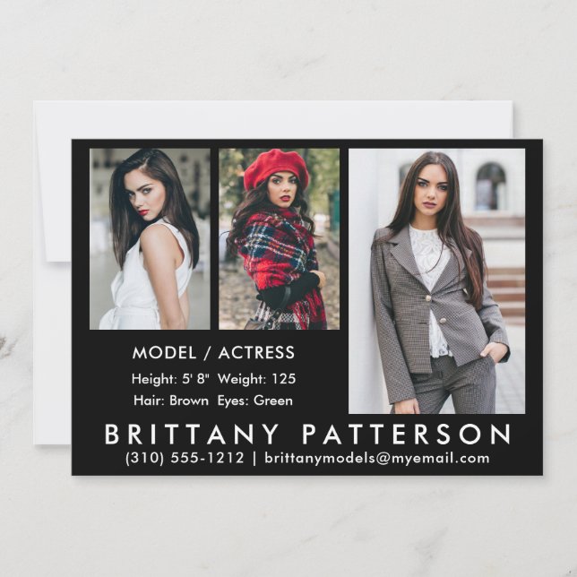 Convites Modelo Ator Comp Card 3 Photo Black 5x7 (Frente)