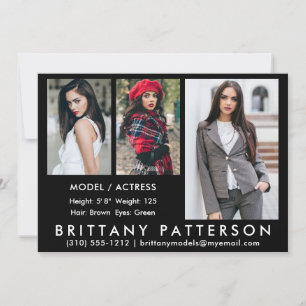 Convites Modelo Ator Comp Card 3 Photo Black 5x7