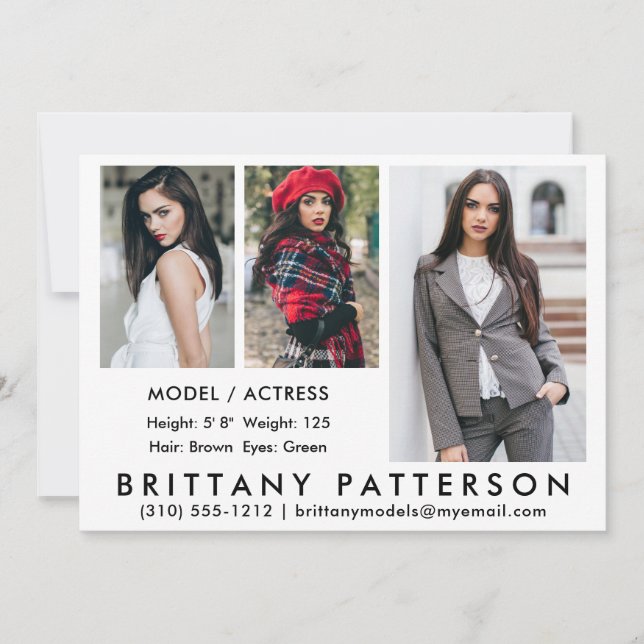 Convites Modelo Ator Comp Card 3 Photo White 5x7 (Frente)