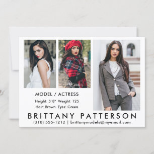 Convites Modelo Ator Comp Card 3 Photo White 5x7