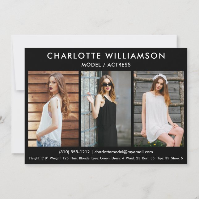 Convites Modelo Ator Comp Card 5x7 Black 3 Photo (Frente)