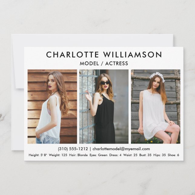 Convites Modelo Ator Comp Card 5x7 White 3 Photo (Frente)