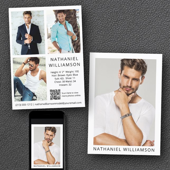 Convites Modelo Ator QR Code 4 Photo Pro Comp Card (Customize to change background color, text size or text style. Available for prints and download.)