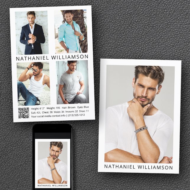 Convites Modelo Ator QR Code 5 Photo Pro Comp Card (Customize to change background color, text size or text style. Available for prints and download.)