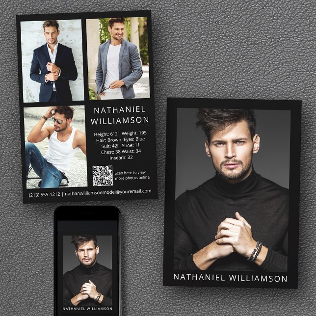 Convites Modelo Ator QR Código 4 Fotografias Pro Comp Card (Customize to change background color, text size or text style. Available for prints and download.)