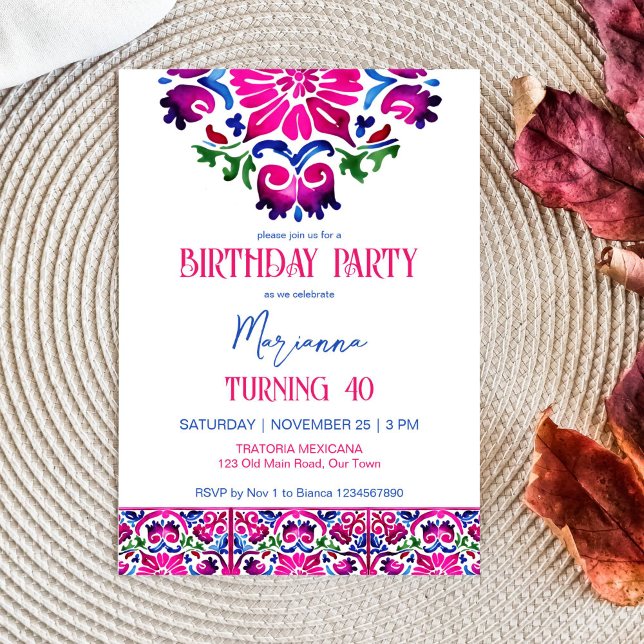 Convites Modelo azul-rosa azulejo mexicano (Pink blue Mexican Talavera tiles birthday party editable template invitation digital download)