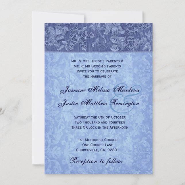 Convites Modelo Casamento tema damasco de  de tons azuis (Frente)