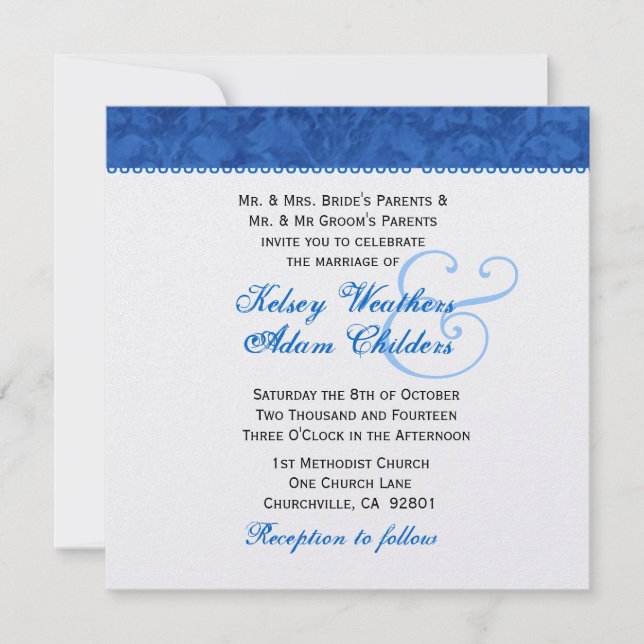 Convites Modelo Casamento tema damasco Real Azul e Branco (Frente)
