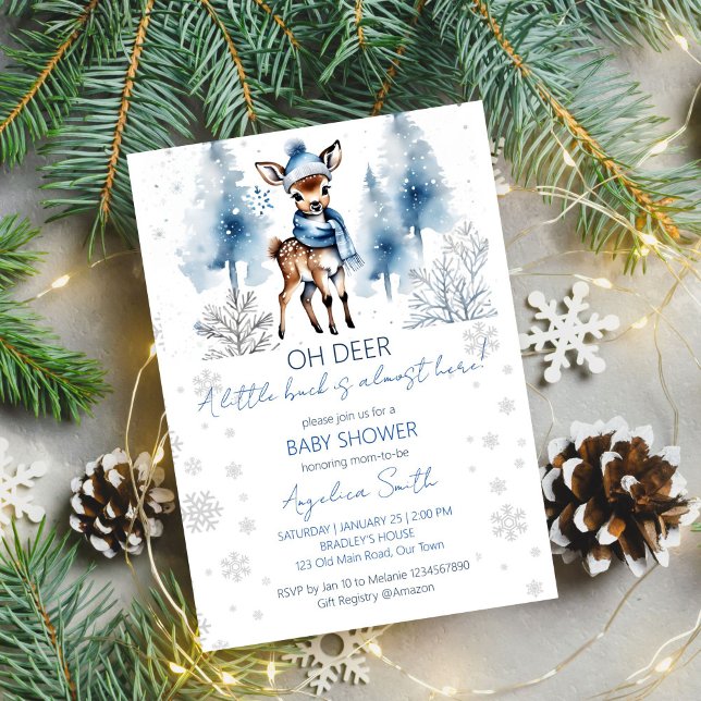 Convites Modelo chá de fraldas de cervídeos (Oh deer winter baby shower editable template digital download watercolor cute buck winter wonderland)
