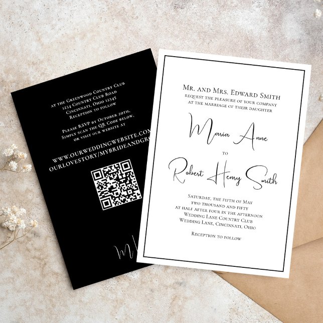 Convites Modelo Clássico Simples Elegante Preto e Branco (Black and white wedding invitation template with stylish calligraphy script. )