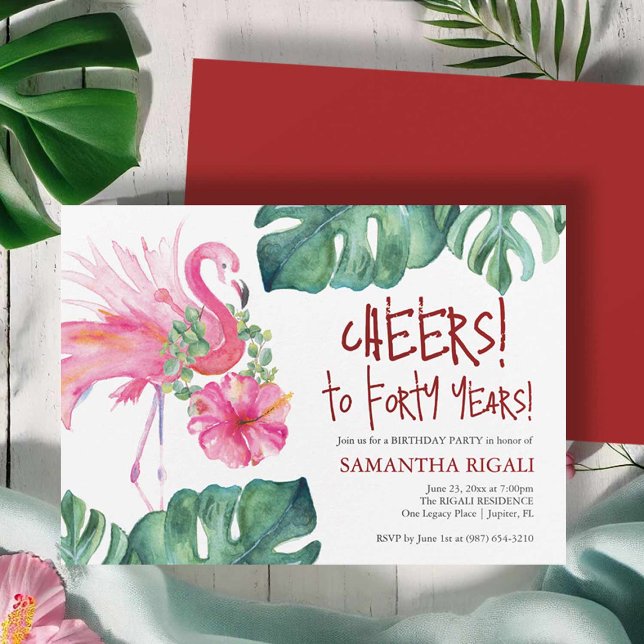 Convites Modelo de aniversário de 40 anos tropical (40th birthday invites hand painted watercolor pink flamingo by Victoria Grigaliunas)