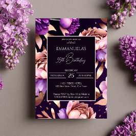 Convites Modelo de aniversário floral de rosa de ouro roxo 