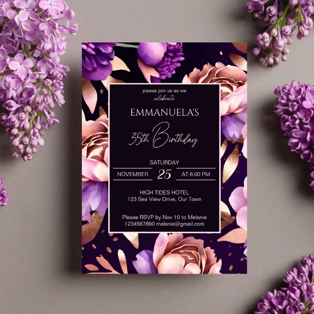 Convites Modelo de aniversário floral de rosa de ouro roxo  (Elegant purple rose gold peonies floral birthday editable template invitation digital download)