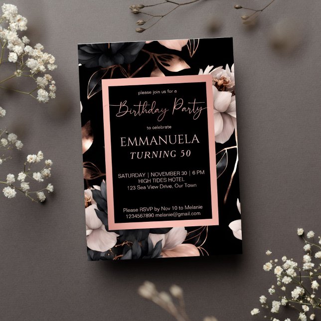 Convites Modelo de aniversário floral de rosa preto elegant (Elegant black rose gold floral birthday party editable template invitation digital download 50 party)
