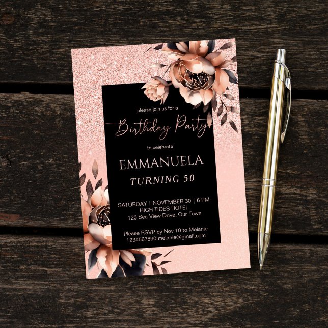 Convites Modelo de aniversário floral de rosa preto elegant (Elegant black rose gold floral birthday party editable template invitation digital download)