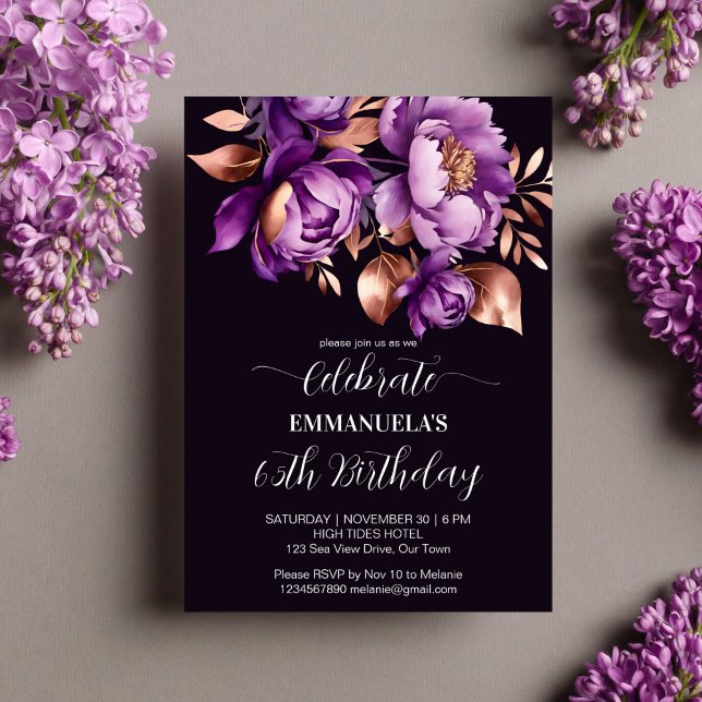 Convites Modelo de aniversário floral roxo elegante em dour (Elegant purple rose gold peony floral birthday party editable template invitation digital download )
